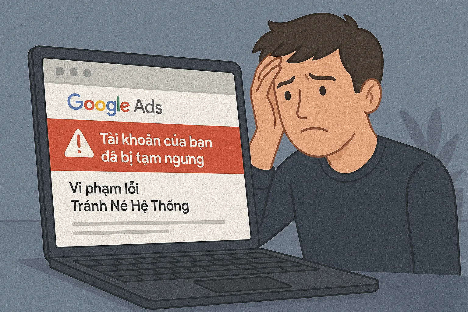 Màn hình máy tính hiện thông báo lỗi tránh né hệ thống của Google Ads và nhà quảng cáo tỏ ra lo lắng